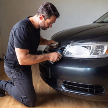 man polishing car with a polisher clipart