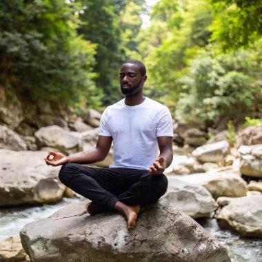 many practitioners meditating on the mountain by a stream clipart