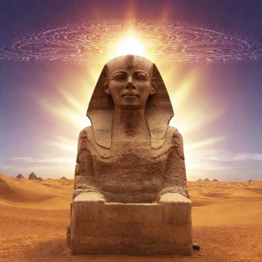 Majestic celestial being soaring through the sky, divine aura radiating, profound meditative expression, Sphinx-inspired, Egyptian desert vista with vast sand dunes, grand obelisk adorned with intricate hieroglyphs, celestial planets and stars clipart