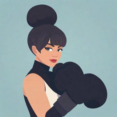 female boxer wearing a black boxing gloves and a boxing ring clipart