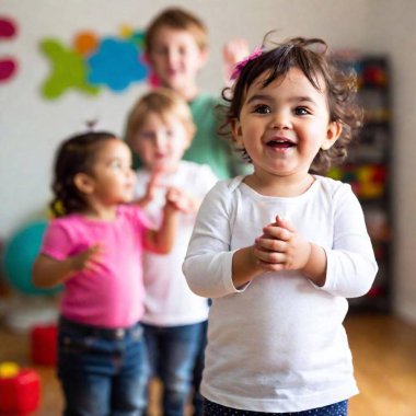 group of children playing around toys clipart