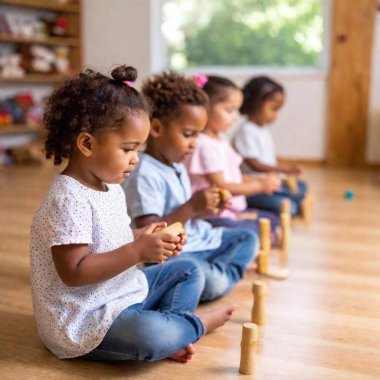 group of kids playing with toys at kindergarten or school clipart