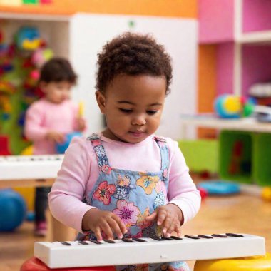 GROUP OF TODDLERS WHITE AND DIVERSE PLAYING THEIR OWN  LITTLE INDIVIDUAL KEYBOARDS IN A COLORFUL PRESCHOOL SETTING clipart