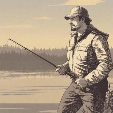 man with beard and mustache in a cap with a fishing rod clipart