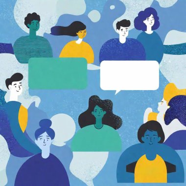 group of people sitting in speech bubble with text message. vector illustration. clipart