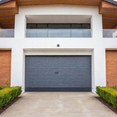 Photo of a contemporary house with a large white sectional garage door clipart