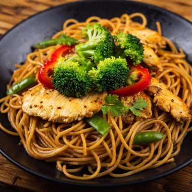 stir - fried noodles with chicken and broccoli clipart