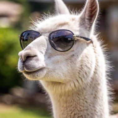 a closeup of a cute llama wearing sunglasses clipart