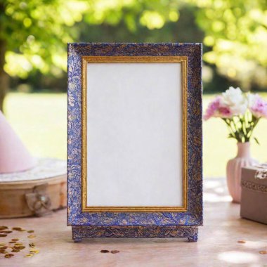 blank photo frame on the wooden table with copy space for text, floral decor and decoration clipart