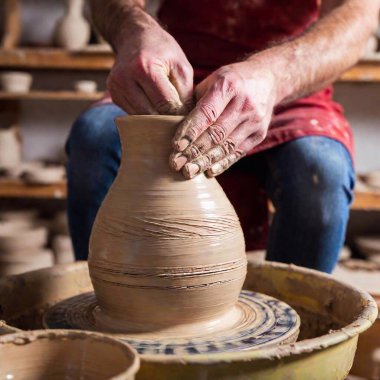 Close up of a potter hand building a vase clipart