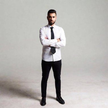 handsome young bearded businessman in white shirt and black tie with arms crossed and standing at grey wall in studio. clipart