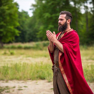 man in medieval costume with beard and red crown on green field clipart