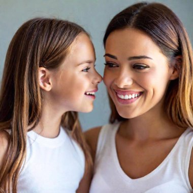 I REQUIRE AN IMAGE of a young mother with her daughter, approximately 5 or 6 years old, smiling, looking into each other's eyes, happily sitting side by side, wearing white round-neck cotton t-shirts, dressed alike. clipart