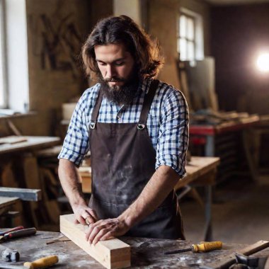 carpenter in workshop. man with beard in a apron clipart