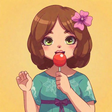 asian anime chibi party girl winking and smiling in extra pose licking lollipop with dripping saliva in boho dress clipart