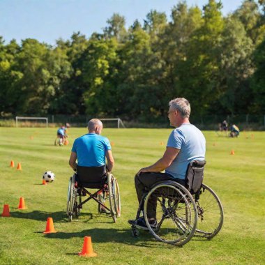 a group of disabled people in wheelchairs having fun at a sports camp. There are trees and forest around, beautiful, clear sky. On the grass there are cones with an obstacle course, a small goal and a soccer ball, a medicine ball. clipart