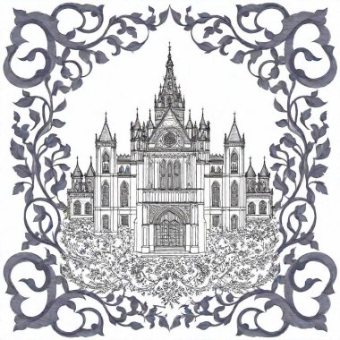 gorgeous patterned frame ornament style old on sides, center a gothic castle with big snake around the castle, white background, ornament isolated, meticulously detailed, botanic flowers, like old illustrations, medicine, renaissance, cinematic clipart