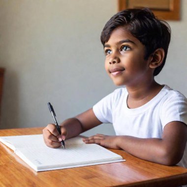 portrait of little boy doing homework at home. clipart