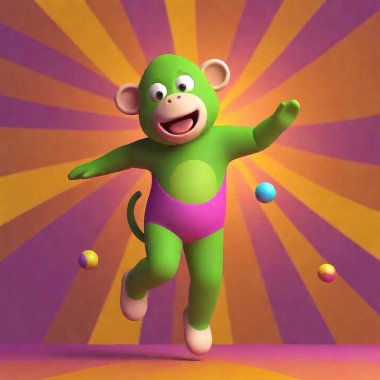 funny cute and colorful monkey in a costume with a lot of designs. monkey is happy and jumping. Image is in a rich carnival background. Whole style energetic and electric. image in 3d rendering style clipart