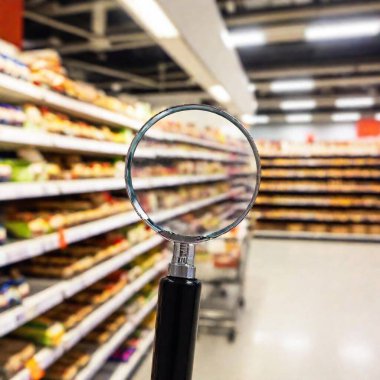 blurred background of New Zealand supermarket with a magnifying glass showing KPIs clipart