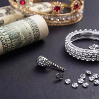 create a dark, gritty background with a zippo lighter, rolls of cash, a diamond ring and a king crown clipart