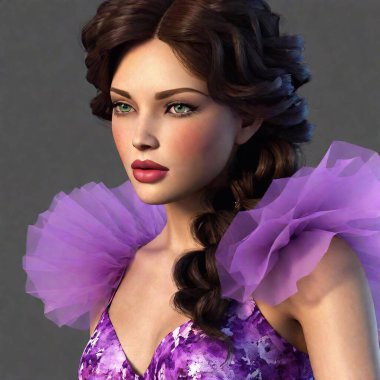 create a digital art image of a fantasy princess. Shoe her whole body. Give her waist length long black hair. Make her eyes purple. Put her in a fantasy gown. She should have brown olive skin clipart