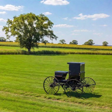 Amish buggy in a sunny country field open blue skies, pastel blues, clipart