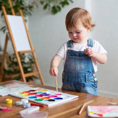 cute little boy playing with paints in a studio clipart