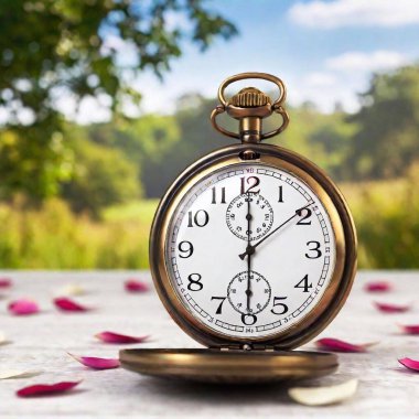 Create a photorealistic 16x9 image featuring a close-up of delicate flower petals scattered around an antique clock or pocket watch atop a table with a glimpse of the English country side in the distance clipart