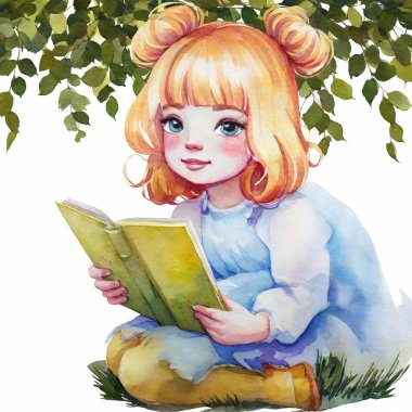 girl with a book in an apple garden clipart