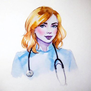 female doctor, nurse, watercolor painting clipart