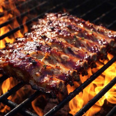 barbeque ribs and pulled pork on flaming grill clipart