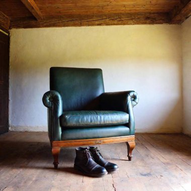 a pair of leather riding boots beside an antique green leather chair in a horse barn clipart