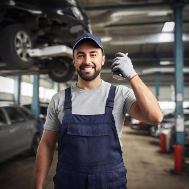 Make me a realistic image of a strong and handsome mechanic, happy, standing, looking straight ahead, with his right arm raised and with a can of soda in his hand, the other arm at half height and in the hand of this arm a filter car air. The clipart