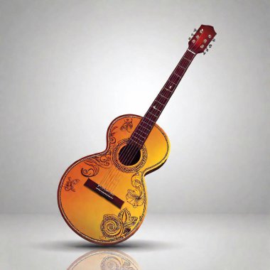 a vertical shot of a vintage acoustic guitar isolated on a white background with a reflection clipart