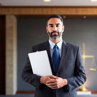 A lawyer standing confidently in front of the Scales of Justice, holding medical records clipart