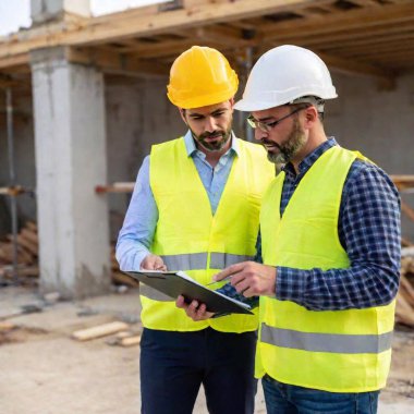 two young male architect discussing with construction site in background. clipart