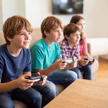 an image of a group of children, aged around 8-12 years old, playing a video game together. They should be gathered around a television or computer screen, showing enthusiastic expressions as they engage with the game. The setting should be a clipart