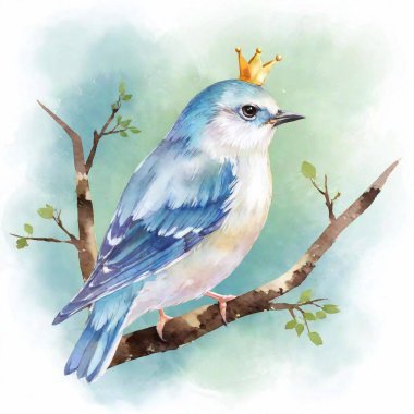 woodland bird wearing a gold crown beige cream white pastel blue watercolor illustration clipart