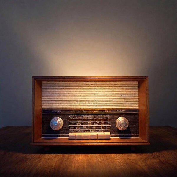 Radio Vintage Una Vieja Mesa Madera Brillando Suavemente Una Habitación — Foto de Stock