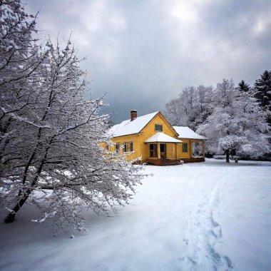 1950 era home in distance during winter clipart