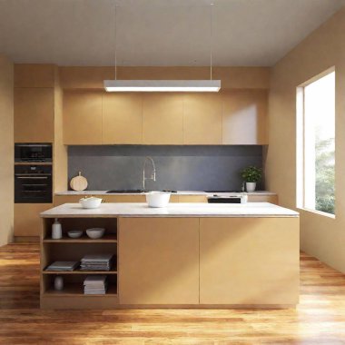 creates a realistic photo-style image of a modern kitchen in warm colours, where you can see an island kitchen with hob and central sink and other furniture such as the fridge and oven around it. Induction hobs and sinks with a refined design clipart