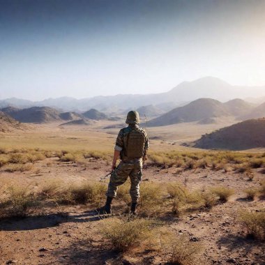 In a dreamlike composition, a solitary soldier is depicted planting flowers within a field ensnared by barbed wire. The soldier is positioned centrally within the frame, with the surrounding landscape characterized by desolate terrain and muted clipart