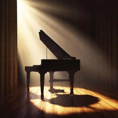 Generate an image of a grand piano standing in an empty concert hall, illuminated by a soft spotlight, with intricate musical notes swirling around it against a backdrop of rich velvet curtains. clipart