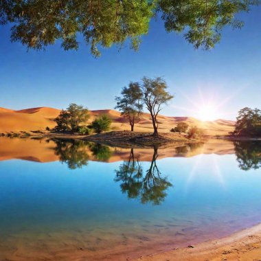 Picture a surreal desert where each sand dune hides a lush oasis. Trees with mirrored leaves reflect the harsh sunlight, creating illusions of water. Flowers made of light flicker in and out of existence, guiding travelers through this ever-shifting clipart