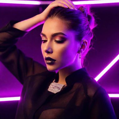 Generate an image of a female model with a cyberpunk-inspired makeup look featuring neon accents, futuristic metallic elements, and glowing LED lights, paired with a bold, futuristic hairstyle and tech-infused fashion accessories, embodying a vision clipart