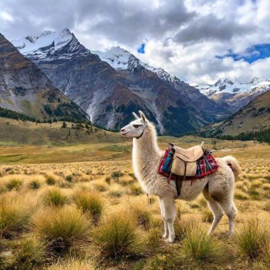 a vertical shot of a beautiful white llama with a hat and backpack on a background of mountains clipart