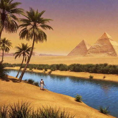 egypt, egypt - 2 3 1 2 0 1 9 : egyptian temple with the pyramids in the background, illustration clipart