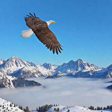 eagle flying above a snowy mountain lake in the alps clipart