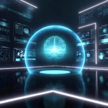 AI Genesis Lab: Create an image of a futuristic laboratory where scientists are building and programming synthetic brains. The scene includes brains housed in transparent, illuminated tanks, connected by intricate networks of wires and surrounded by clipart